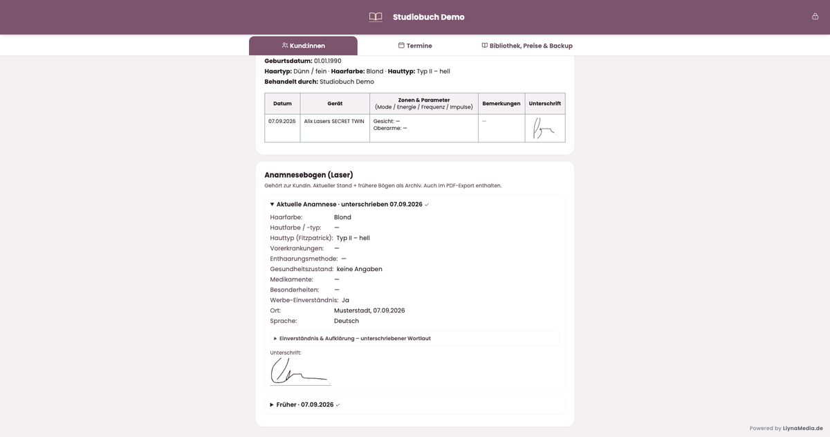 Bildschirmfoto: Anamnesebogen mit Unterschrift in Studiobuch